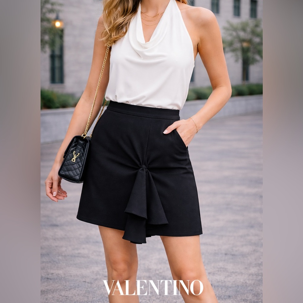 VALENTINO Black Wool Skirt with Sculptural Knot Detail